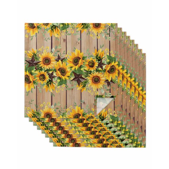 nqOlkjepod Brown Sunflower Cloth Napkins Set of 8 Reusable Dinner Napkins, Rustic Country Star Spring Summer Wooden Cocktail Napkin Washable Table Napkins for Wedding/Party/Baby Shower 20"x20"