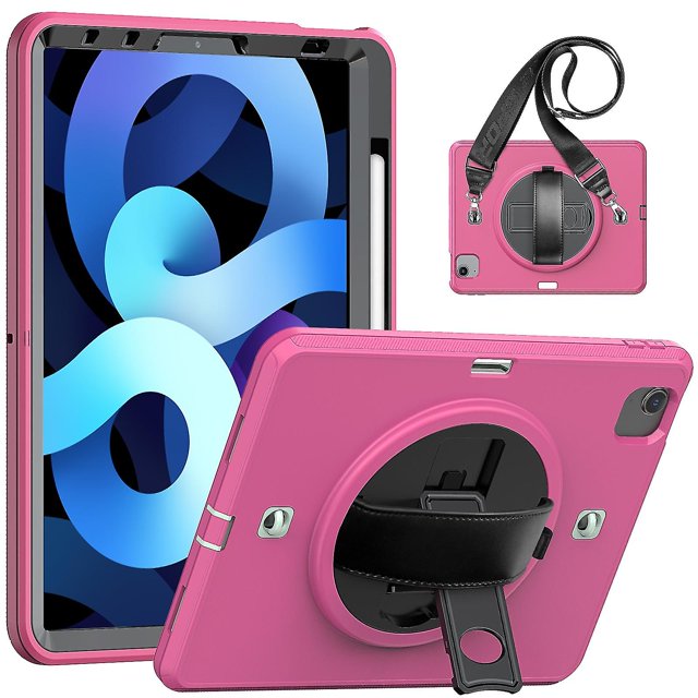Funda de TPU + PC a prueba de golpes para tableta con soporte, ranura para bolígrafo y correa para el hombro para iPad Air 2022/2020 de 10.9" (rosa y rojo)
