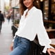 thumbnail image 5 of Ounisa Women's Velvet Tops Dressy Casual Long Sleeve Smocked Work Blouses Trendy Blusas Elegantes Button Down Shirts, 5 of 7