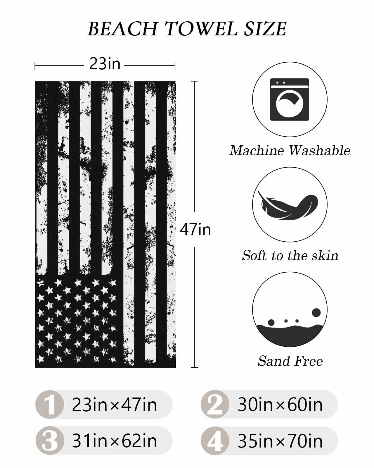 Black White Beach Towels Oversized Super Absorbent, Retro Stars Stripes Flag Shabby Chic Texture Lightweight Bath Towel Quick Dry Sets For Bathroom/Pool/Rv Camping/Beach Play/Gym Room/Picnic 35"x70"