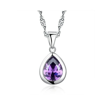 - Sterling Silver 3 ct. Created Purple Amethyst Pear Shape Gemstone Pendant Necklace with Chain