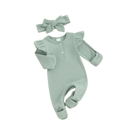 

Mioliknya Baby Girl Fall Outfit Long Sleeve Crew Neck Solid Jumpsuit Headband