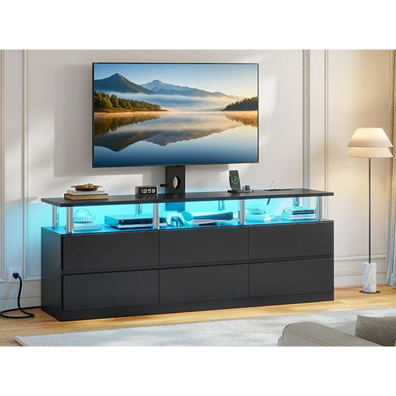Afuhokles TV Stand with Mount and Power Outlet, TV Mount for up to 75 inch TVs, Modern LED TV Stand with 6 Drawers, Black