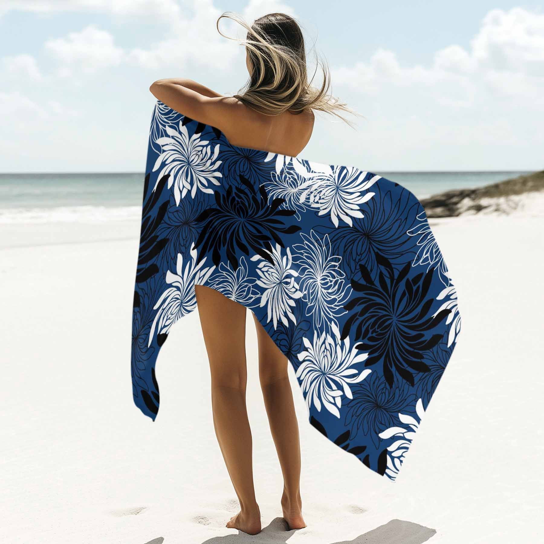 Beach Towel Chrysanthemum Bath Pool Towels Vintage Navy Blue Black Floral Absorbent Beach Towel Soft Large Quick Dry Lightweight Camping Travel Sports Yoga Gym Swim Towels for Adult 35x70 Inch