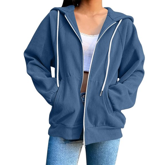 VV AVEORS Zip Up Sweatshirt Women Oversized Casual Corduroy Hoodies 2026 Fall Winter Zipper Fashion Track Jackets With Pockets Light Blue S
