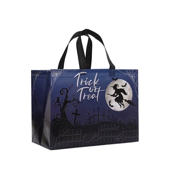 OCCOA Halloween Printed Non Woven Foldable Tote Bag Waterproof Shopping Handbag with Spooky Prints for Candy Gift Party Favor, Blue
