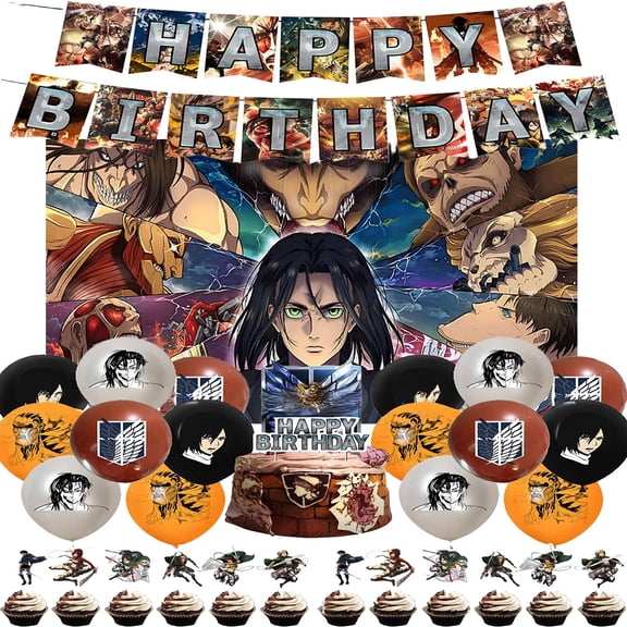 Attack on Titan Birthday Decoration - Anime Themed Party Supplies Set includes Cupcake Toppers, Cake Topper, Happy Birthday Banner, Balloons, Background
