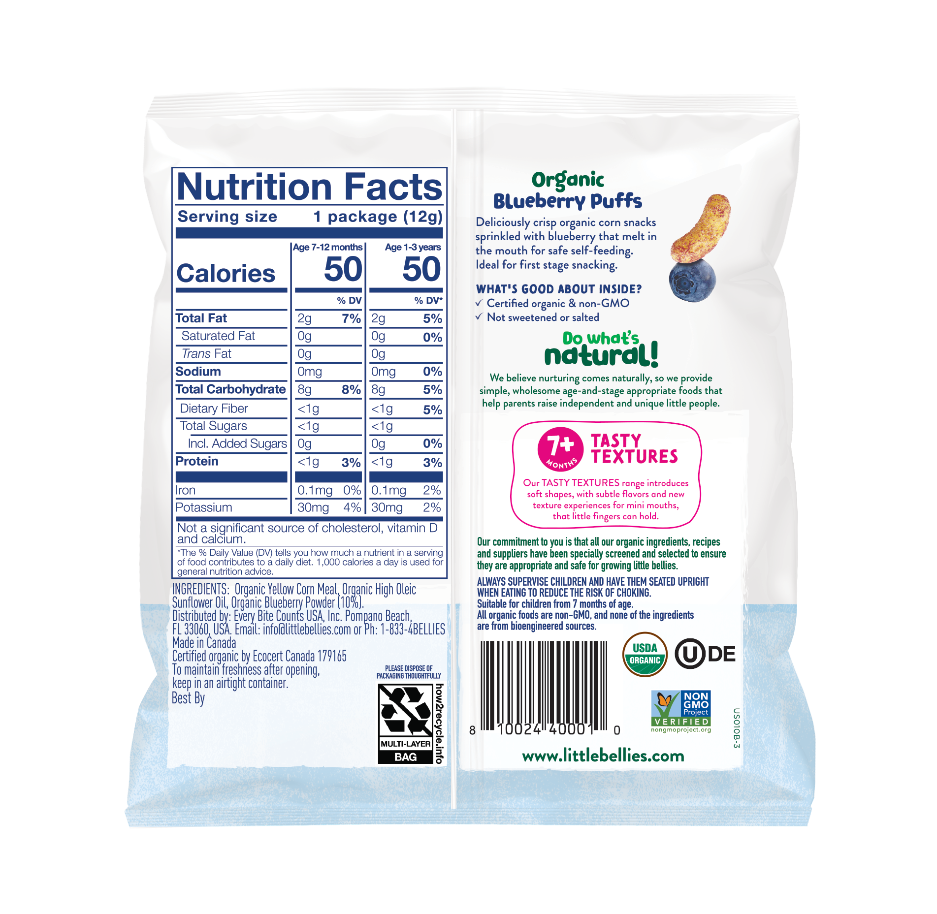 LITTLE BELLIES ORGANIC BLUEBERRY PUFFS SNACK, 0.42 OZ BAG