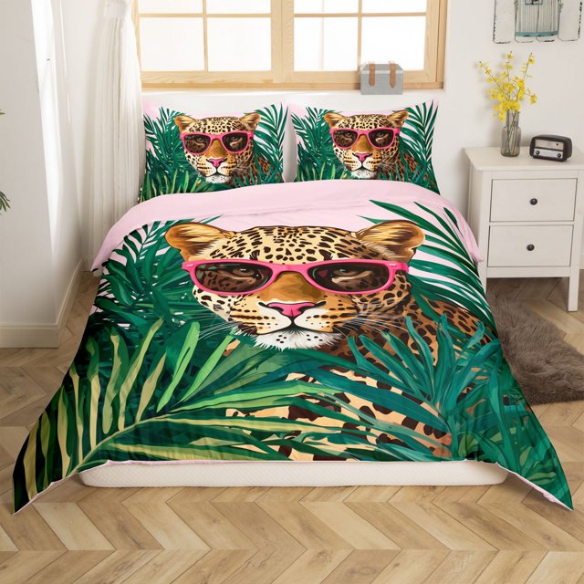 Erosebridal Housse de Couette Léopard Guépard Simple, Literie Feuilles de Palmier Tropicales Taille Simple, Réversible, Légère, 2 Pcs (Sans Couette)