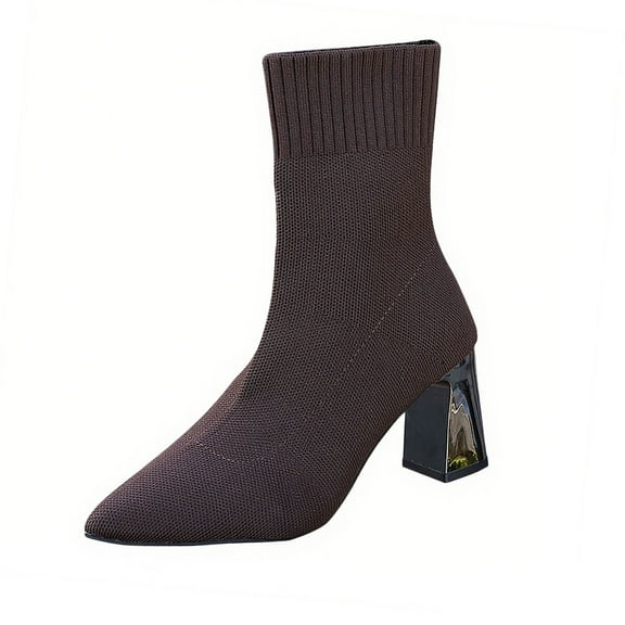 Xfvqtps Chunky Heel Ankle Boots for Women Knit Stretch Sock Booties Square Toe Slip on Winter Boots Comfortable Fashion Casual Shoes Brown