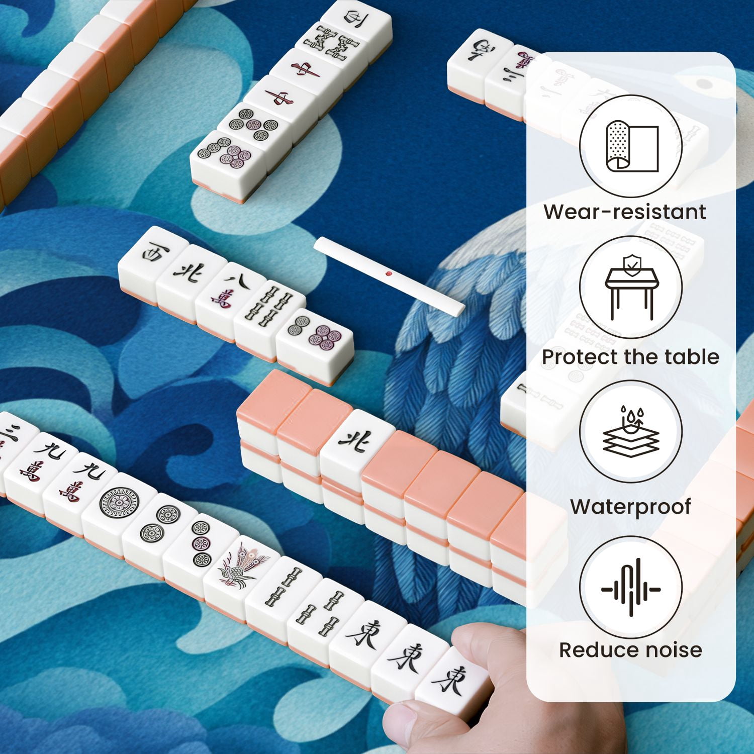 Chinoiserie Mahjong Mat 31.5" x 31.5" Symmetrical Crane Art Flowing Feathers Calming Clouds Non-Slip Noise Reduction Mahjong Tiles Table Cover for Dominoes Poker Card Board and Tile Games