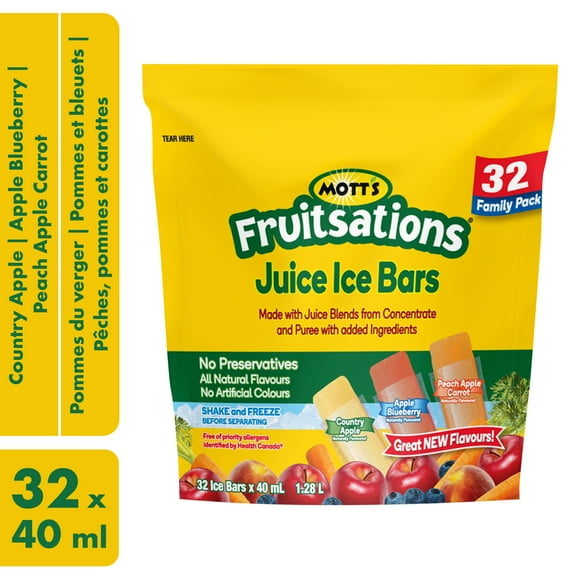Mott’s Fruitsations Juice Ice Bars - Country Apple, Apple Blueberry, Peach Apple Carrot - Family Pack, 32 x 40 ml, 32 x 40 ml