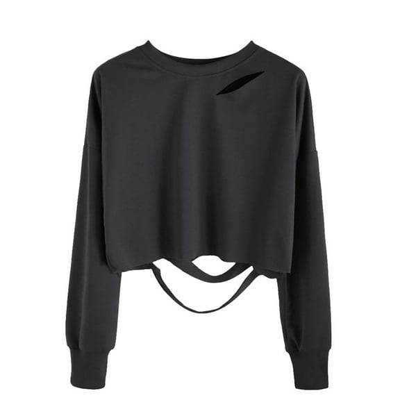 KIHOUT Women's Stylish Short, ,Ripped, Crew Neck, Long-Sleeved Pullover Top