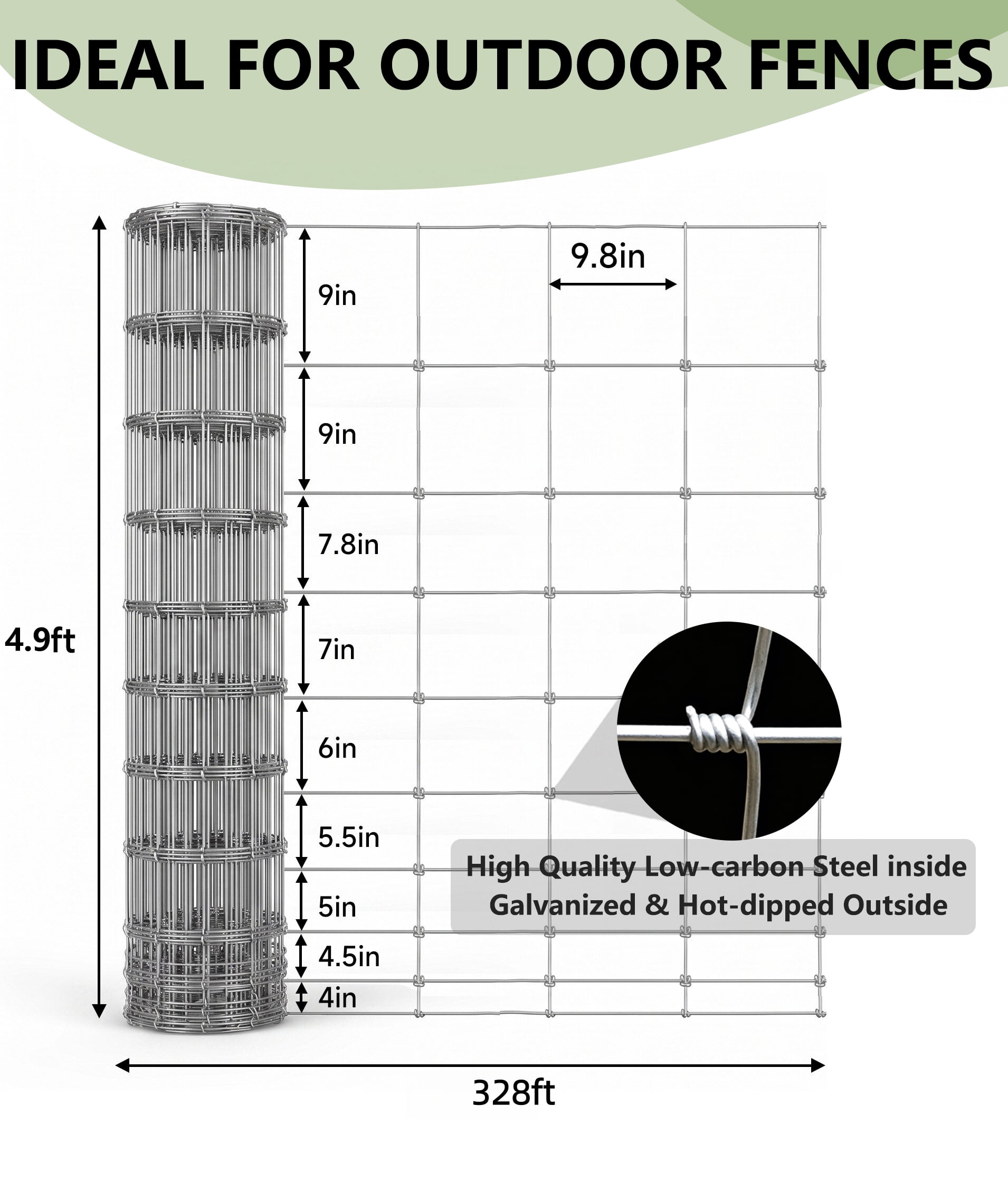 Heavy-Duty Galvanized Farm Fence 15-Gauge 330 ft Gradient Mesh for Goats Hogs Deer Sheep Livestock