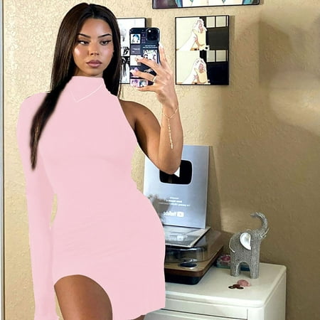 

Wyongtao Cozy Women Sexy One Shoulder Long Sleeve Tight Side Slit Party Dresses Clubwear