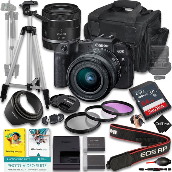 Canon EOS RP Mirrorless Camera with RF 24-50mm f/4.5-6.3 IS STM Lens   128GB Memory   Extra Battery   Camera Case   Tripod   More (19pc Bundle) (International Version)