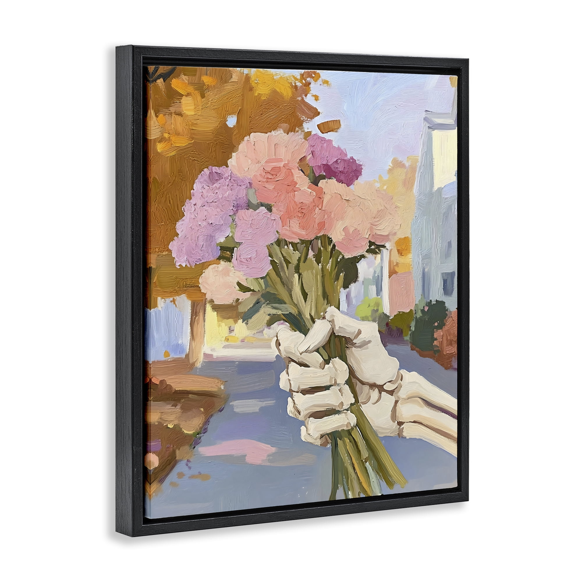 Stupell Industries Skeleton Hand Holding Flowers Black Framed Floater Canvas Wall Art, design by The Prints Vibe