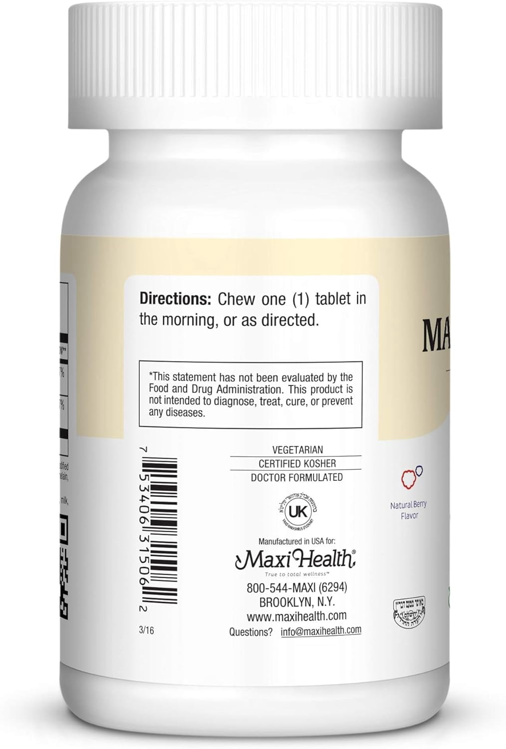 Maxi Health Vitamin B-12 Supplement – 5000 mcg Chewable Tablets – Berry Flavor – Energy – 60 Count – Kosher