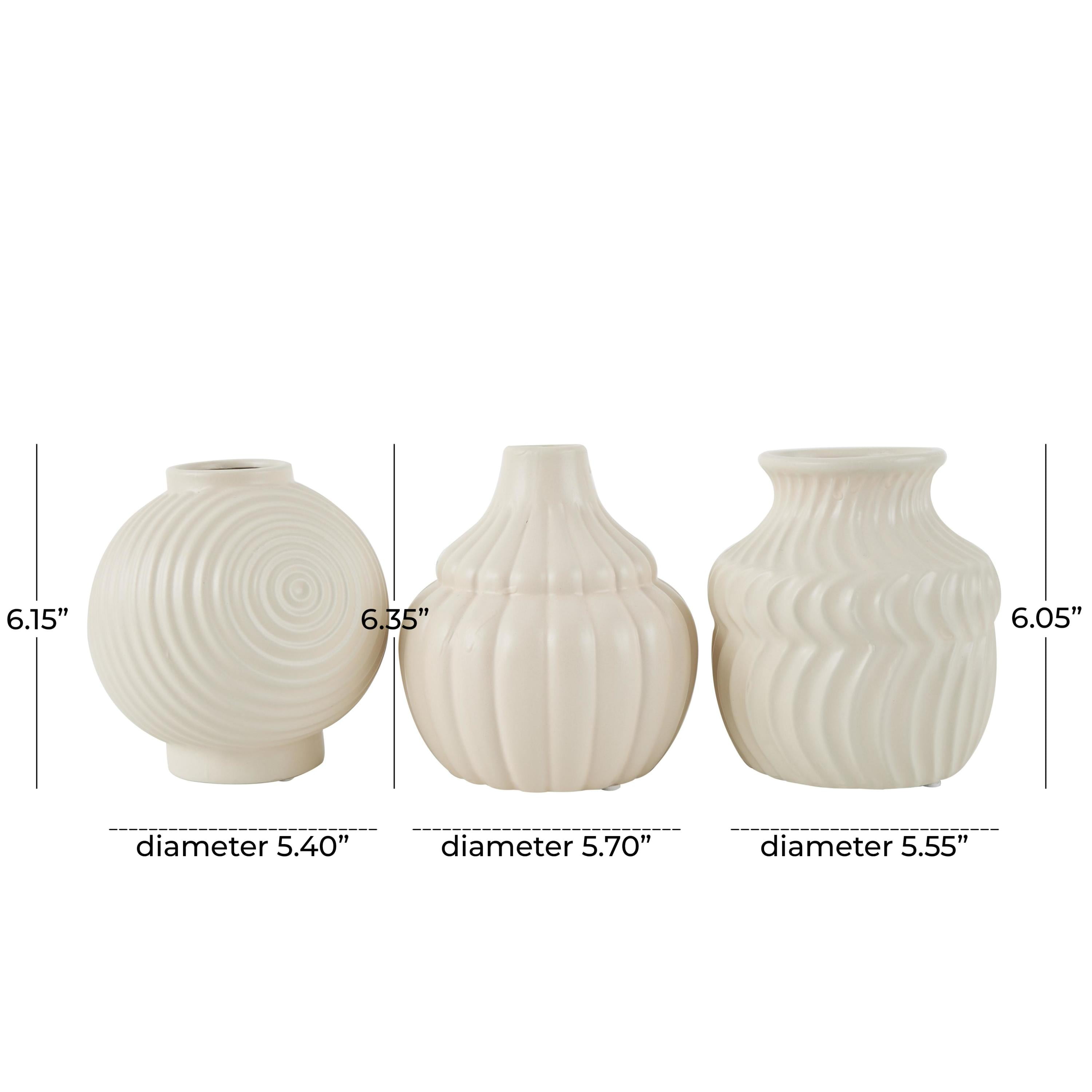 DecMode 5"W, 6"H Abstract Small Textured Cream Ceramic Vase with Varying Shapes and Patterns, Set of 3