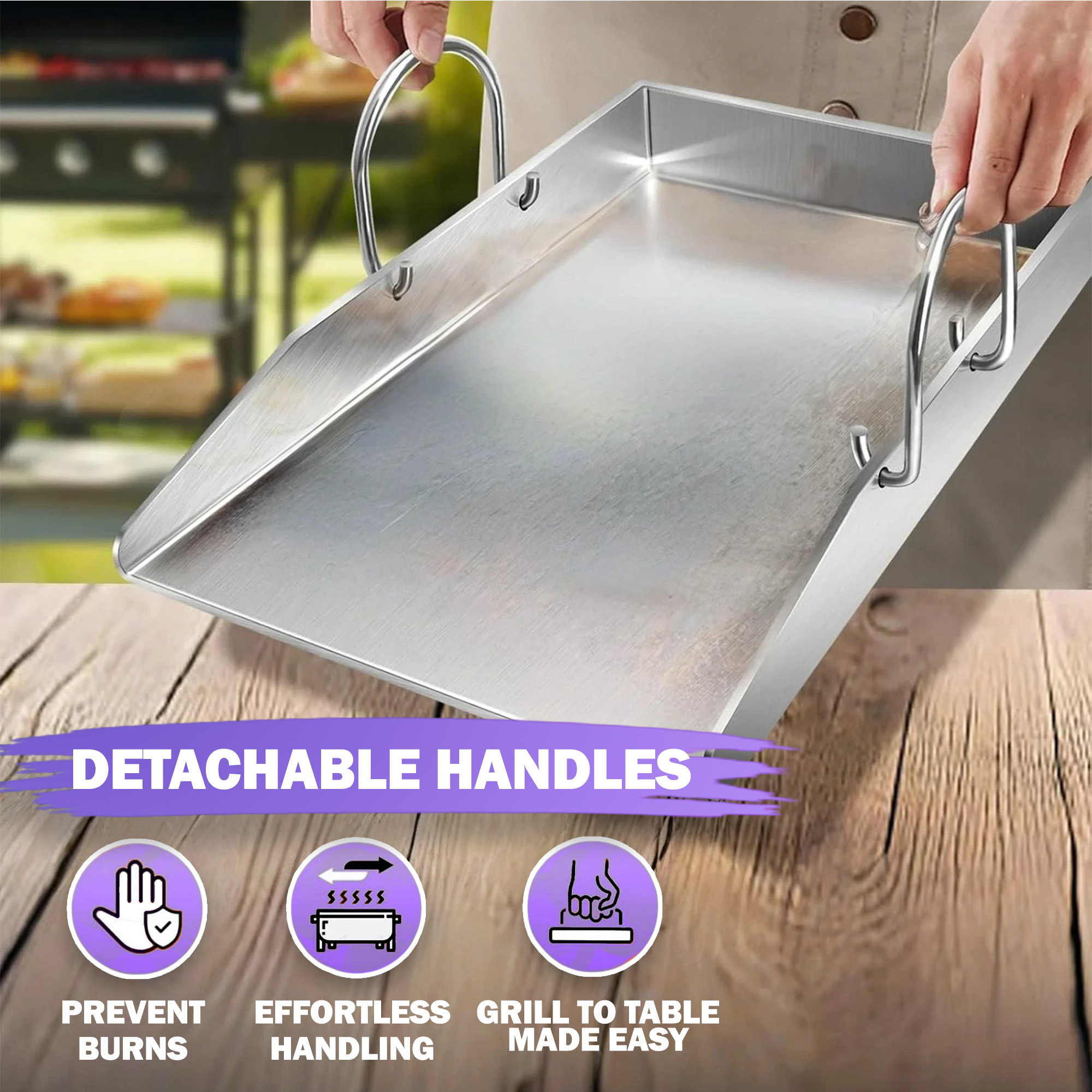 11.8" x 15.8" Griddle/Plancha Grill Plate – 4 mm Thick Stainless Steel BBQ Griddle Accessory with Removable Handles for Gas & Charcoal Grills