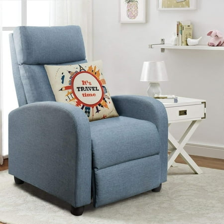 - Manual Recliner Chair Padded Light Blue Tufted Fabric Home Theater Seating Modern Chaise Couch Black Lounger Sofa Seat (Blue)