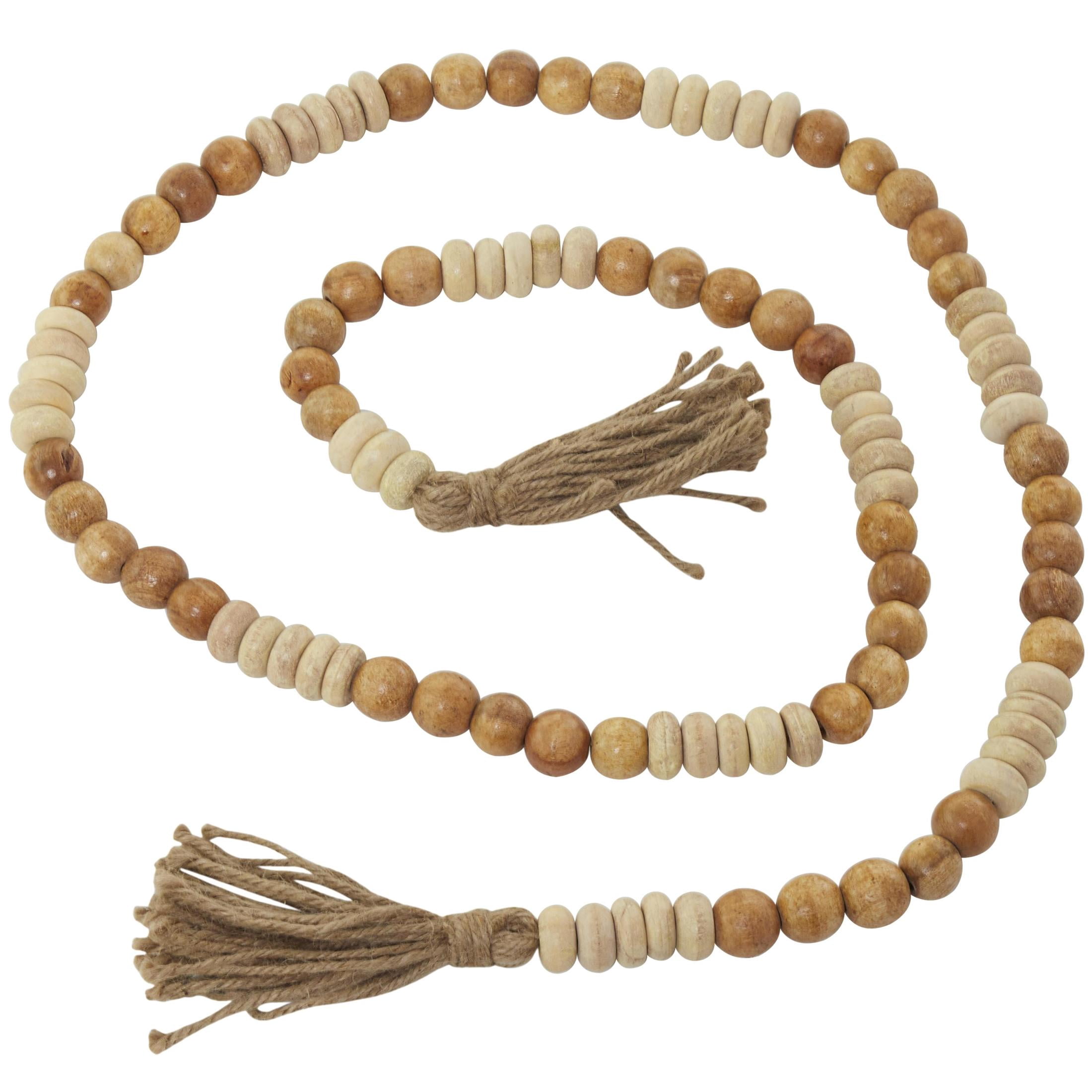 DecMode Handmade Round Long Carved Brown Mango Wood Garland with Tassel