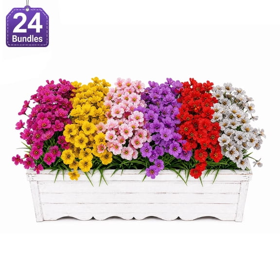 TICKJOY 24 Bundles Artificial Flowers for Outdoors, UV Resistant Artificial Flowers, Realistic Plastic Flowers for Porch, Patio, Garden, Balcony, Farmhouse Decoration (6 Color)