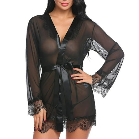 

TKing Fashion Show Your Charm Women Sexy Lace Patchwork Long Sleeve Nightgown Bath Robe Lingerie With Belt - Black XL