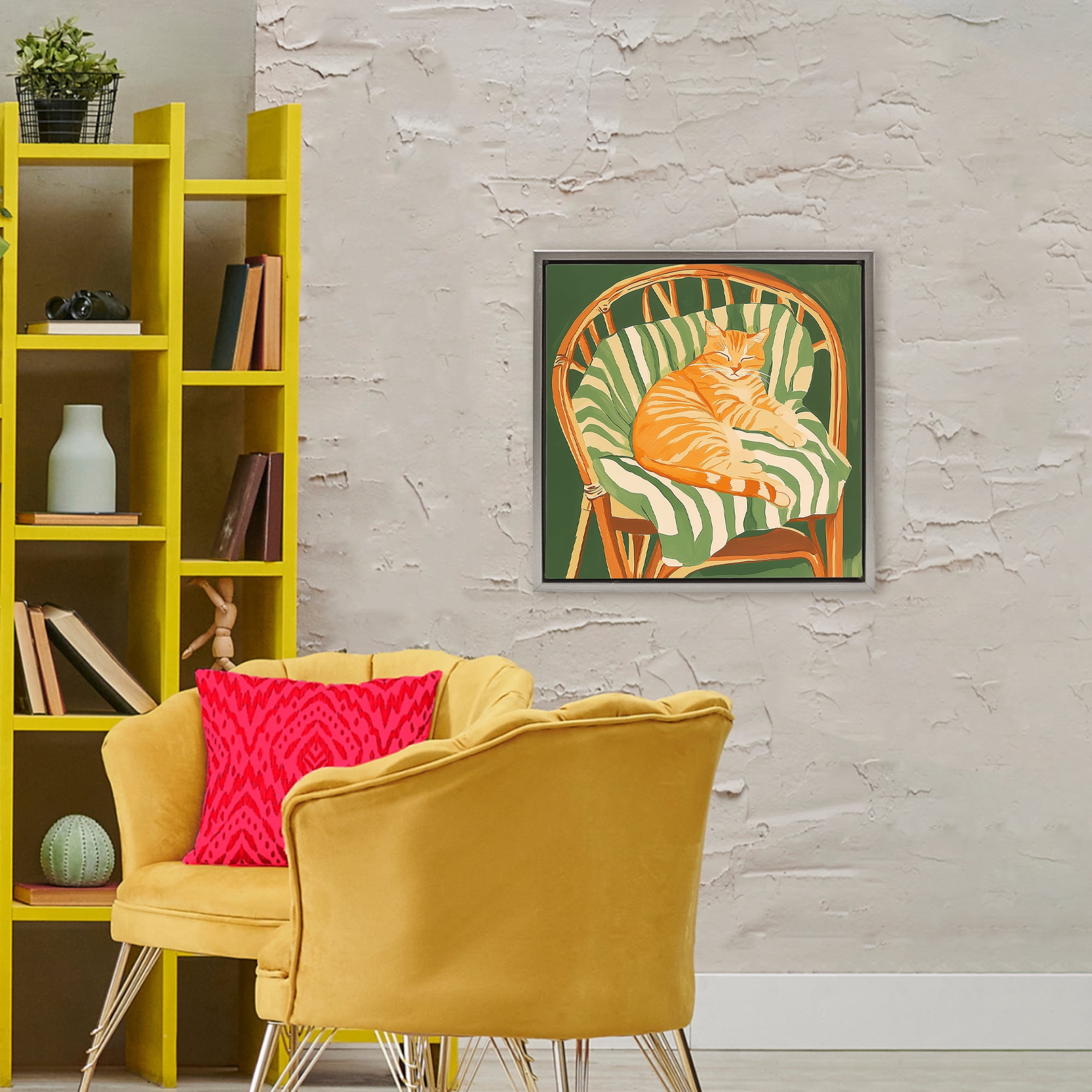 Stupell Industries Cat In Rattan Chair Gray Framed Floater Canvas Wall Art, design by Walker Noble