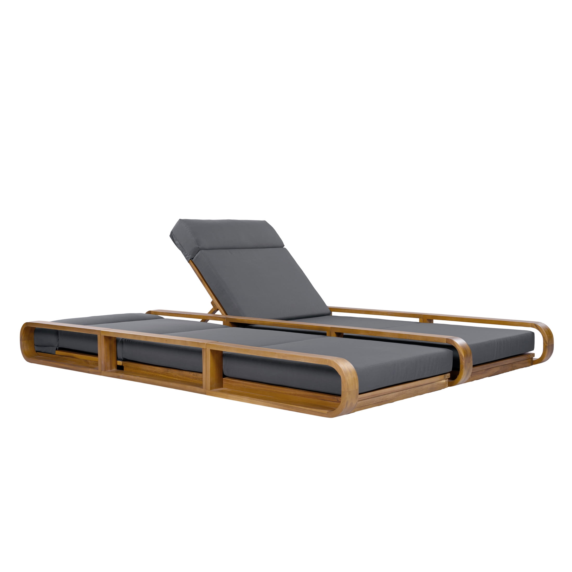 Christopher Knight Home 79" Outdoor Double Chaise Lounge Set with 4-Fold Dark Gray Cushions, Teak