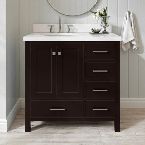 Ariel Cambridge 37 In. Left Offset Oval Sink Vanity With White Quartz Countertop In Espresso