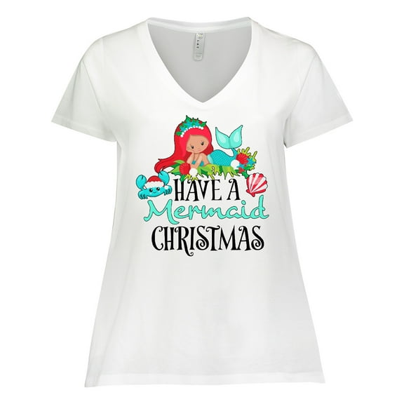 Inktastic Have a Mermaid Christmas with Crab and Seashell Women's Plus Size V-Neck T-Shirt