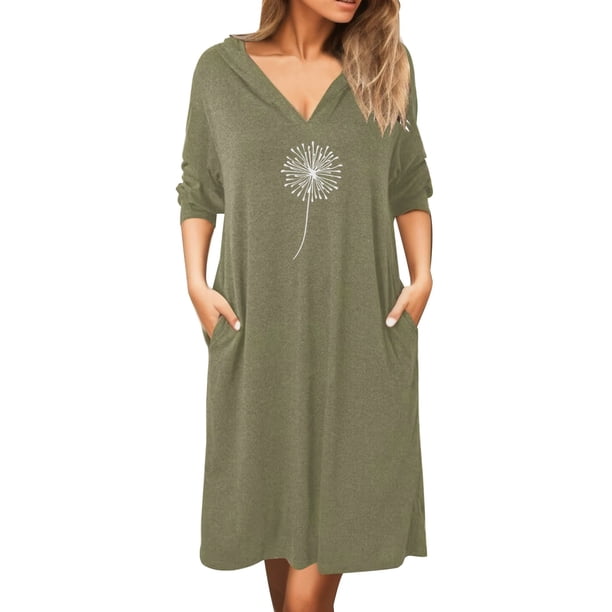 Gibobby Vestido Casual para Mujer Primavera Y Otoño Casual Suelto Manga Larga Bolsillo Con Capucha Estampado De Diente De León Vestido Casual Vestido(Verde,CH)