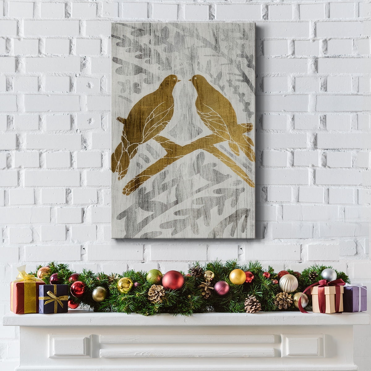 Two Turtle Doves - Gold Leaf Holiday- Gallery Wrapped Canvas