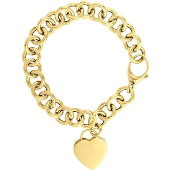 Floreo 14k Yellow Gold Rolo with Heart Tag Charm Link Bracelet 7.5 Inch