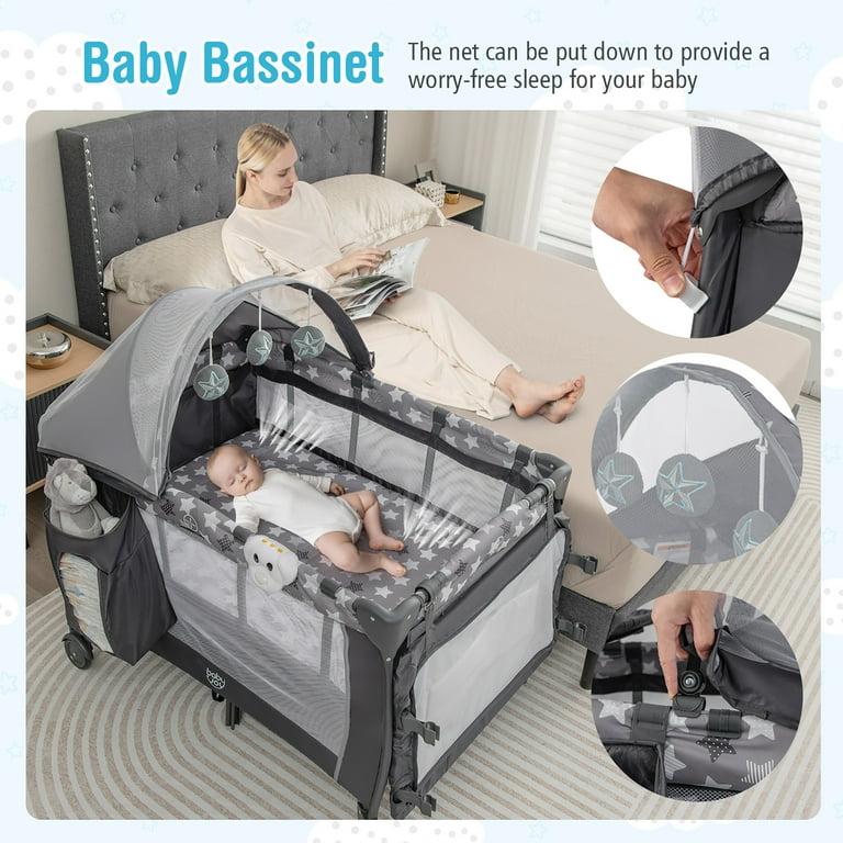Gymax Baby Playard with Bassinet, Changing Table, Canopy Net