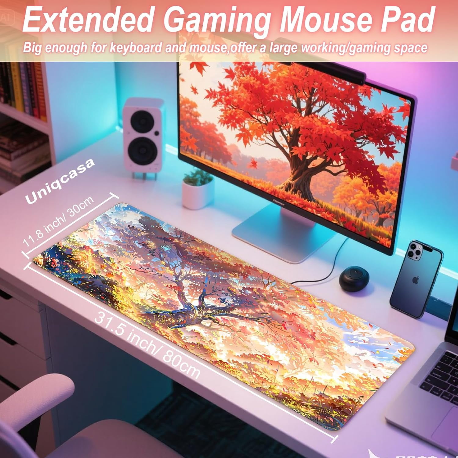 Gaming Mouse Pad 31.5x11.8 inch XL Large Extended Mouse Pad, Big Mousepad Desk Mat for Computer with Non-Slip Rubber Base and Stitched Edge-Maple Leaves