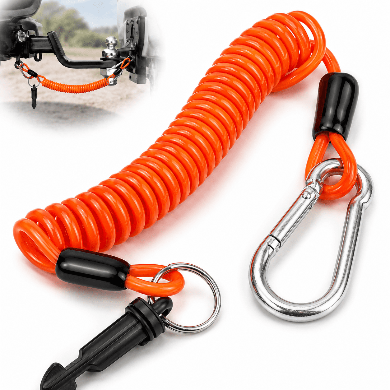 Emlimny Trailer Brake Away Cable, 6ft High Rebound Spring Emergency Safety Cable Strap with Pin and Carabiner Wire Coiled Breakaway Switch for RV Camper Boat Trailer Towing Accessories