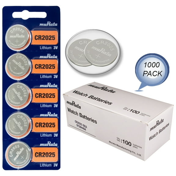 1000 x Murata CR2025 160mAh 3V Lithium (LiMnO2) Coin Cell Watch Battery - Bulk