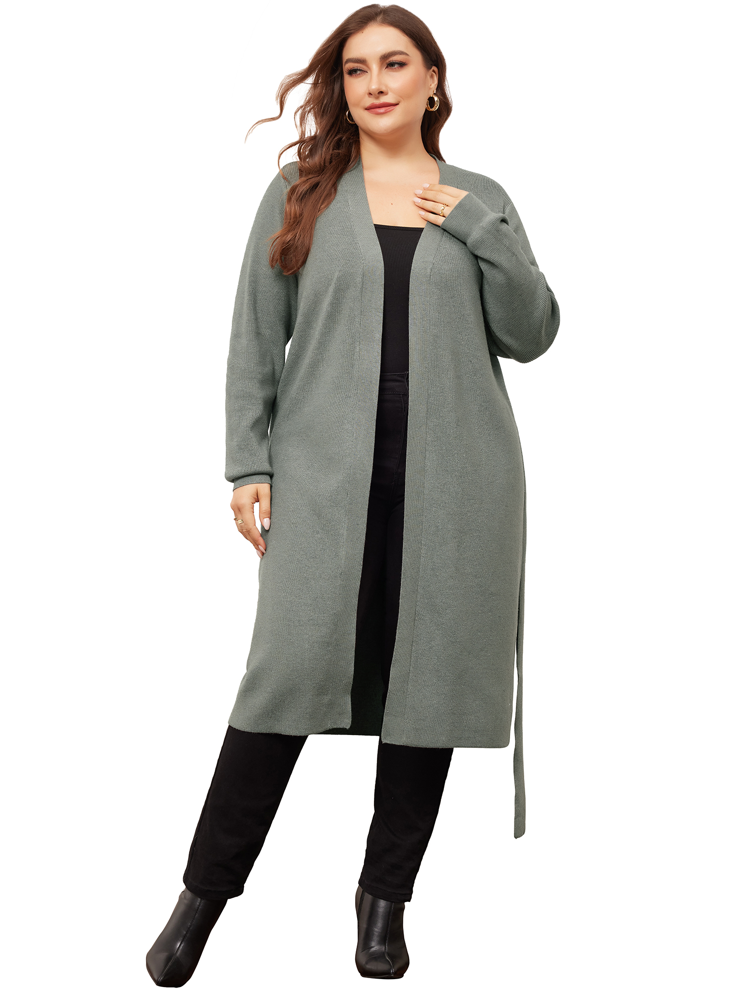 DARING DIVA Plus Size Sweater Knit Long Sleeve Belted Overwear 1X Grey