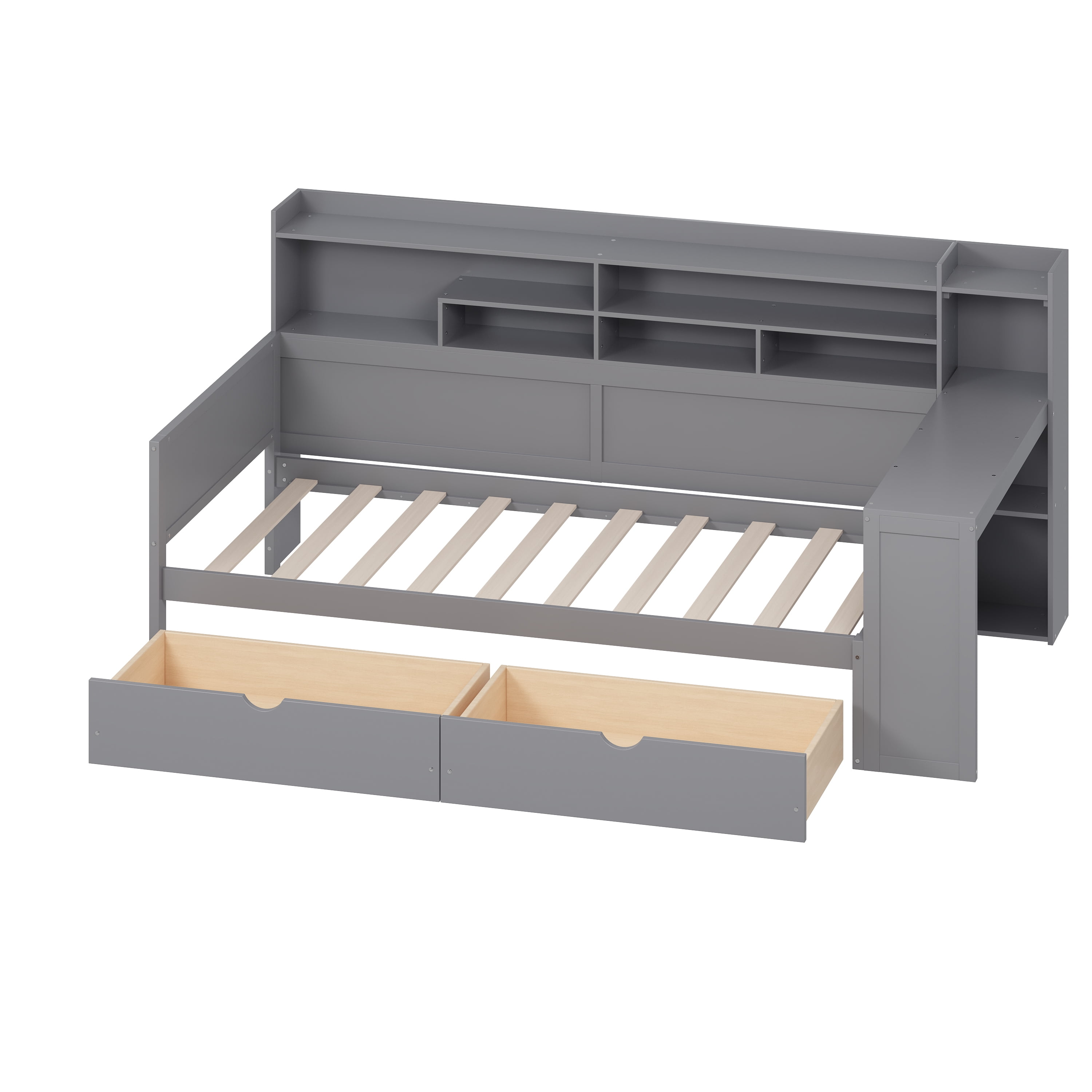 Euroco Wood Twin Size Daybed with Storage Shelves Drawers and Desk, Gray