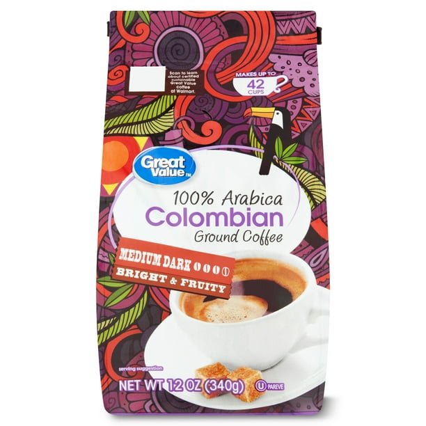 Great Value 100 Arabica Colombian MediumDark Roast Ground Coffee, 12 Oz, Bag