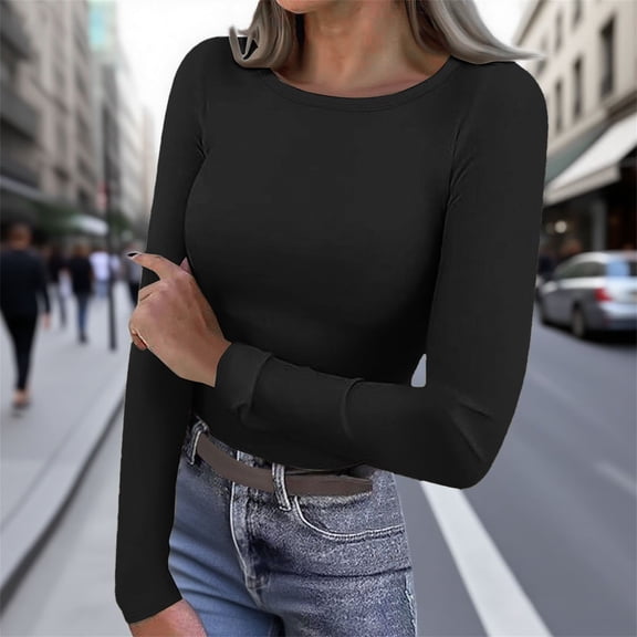 HLKJKLS Long Sleeve Shirts For Women Crew Neck Long Sleeve Light Fleece Basic T Shirt Delongs Casual Comfortable Black S-3Xl