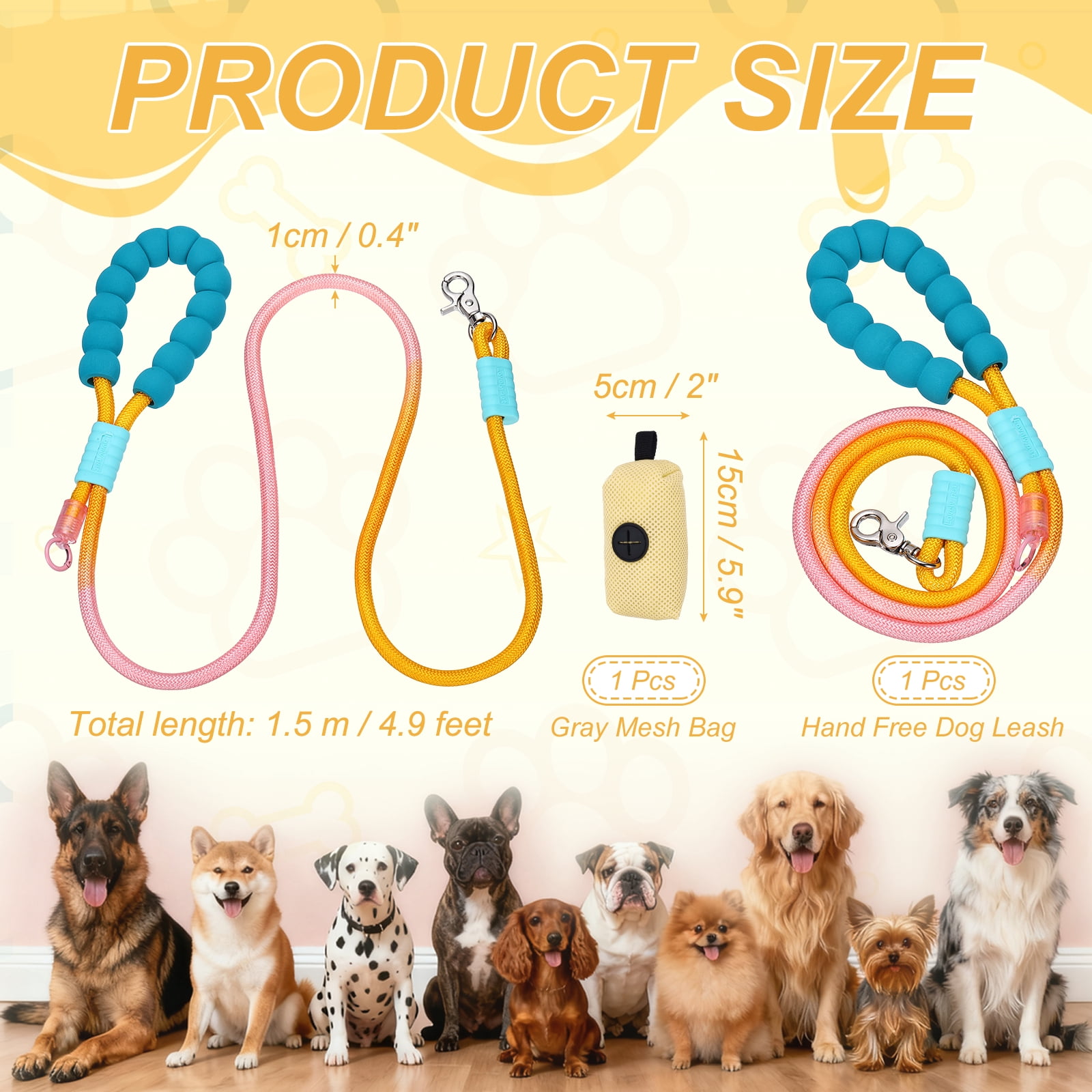 Uxcell Dog Leash with Padded Hands Free, 4.9ft/1.5m Adjustable Dog Training Leash, No Pull Heavy Duty Rope(Yellow Pink, Beige Bag), Intended for Large Medium Pet Running/Hiking/Walking