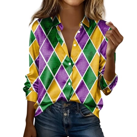 Carnival Shirt for Women 2026 Masquerade Costume Purple Gold Green Striped Print Long Sleeve Stylish Blouse