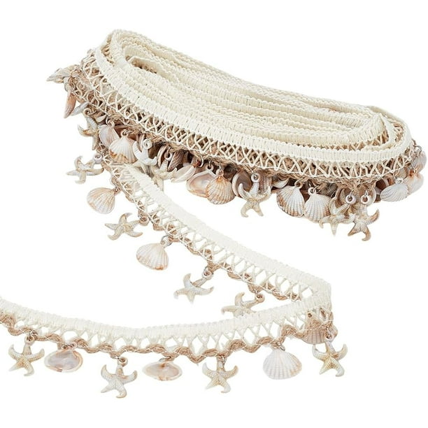 5 yardas de cinta de flecos de conchas de 1-1/2 pulgadas con dijes de estrellas de mar y conchas, cinta de encaje estilo bohemio, cinta de manualidades de estilo étnico, flecos
