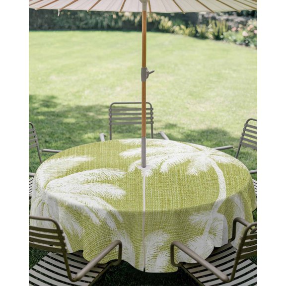 Outdoor Tablecloth with Umbrella Hole, Summer Tropical Palm Trees Zippered Table Cloth for Square Tables, Green Retro Linen Background Washable Waterproof Tablecloths for Picnic Patio Garden