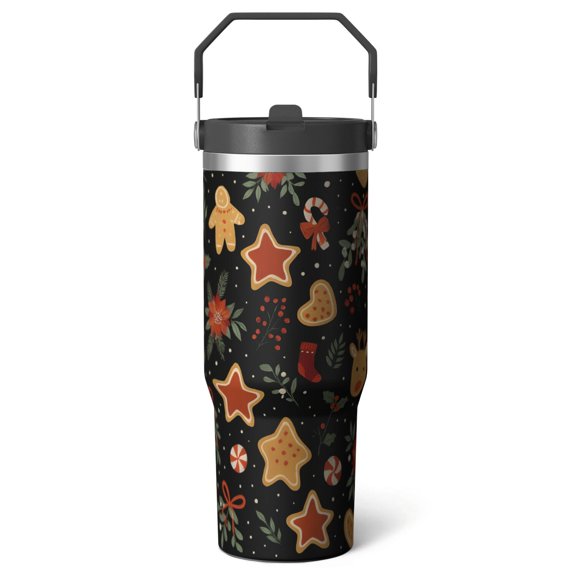 1pc Gingerbread Man 30oz Tumbler with Straw & Handle - Insulated Stainless Steel Cup | Holiday Gift for Man Women (Christmas, Valentine's, Birthday)