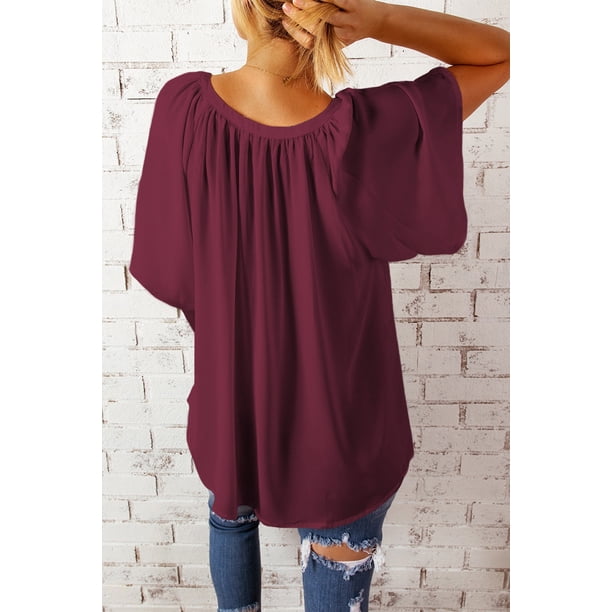 ABPHQTO Top suelto plisado con cuello dividido rojo para mujer