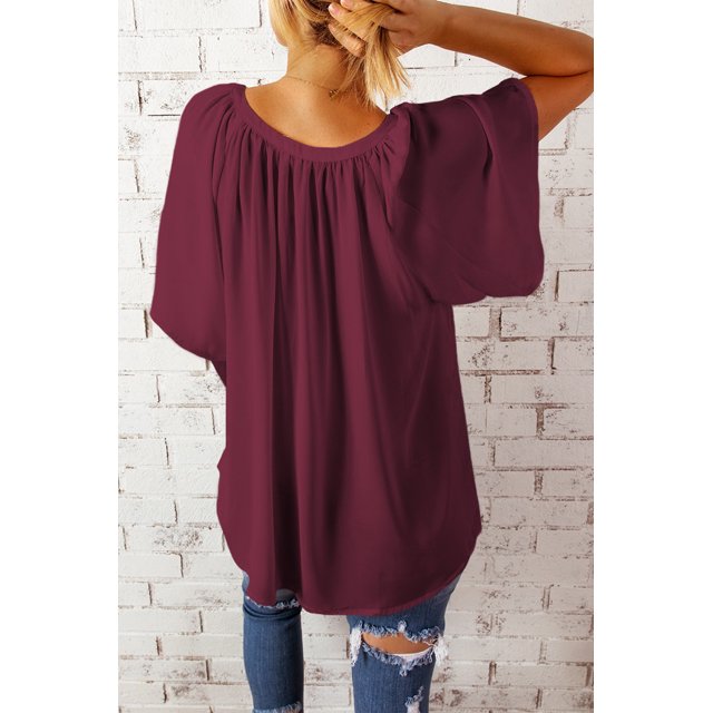 ABPHQTO Top suelto plisado con cuello dividido rojo para mujer